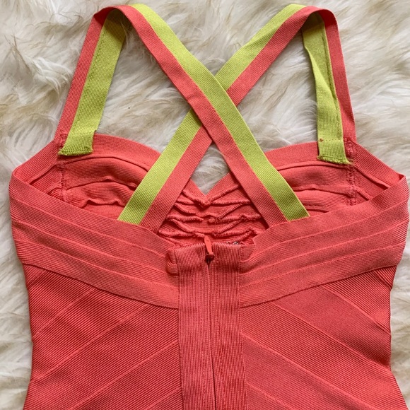 🎉 SALE Herve Leger Bandage Mini Dress Peach Blush Orange and Yellow - Picture 6 of 8